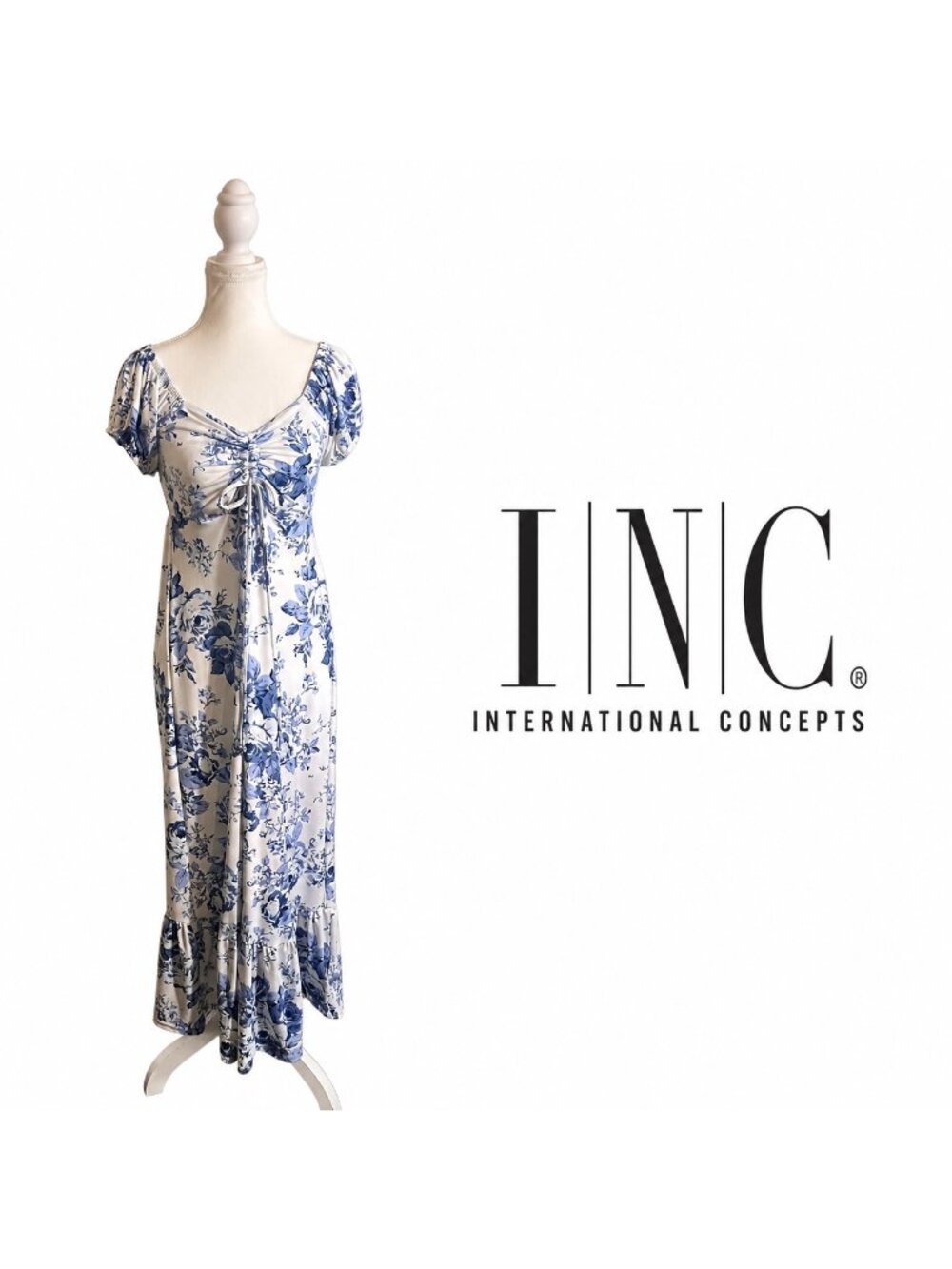 INC International Blue & White Floral Maxi Dress ~ Size Small